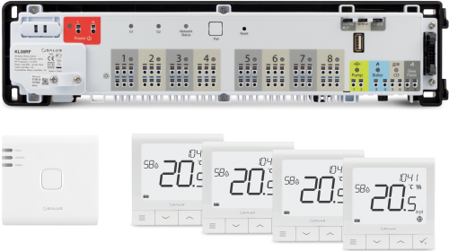 StartPack Premium RF - zestaw bezprzewodowego sterowania ogrzewaniem podłogowym z zarządzaniem przez Internet, listwa KL08RF230V, bramka UG800, cztery regulatory SQ610RF